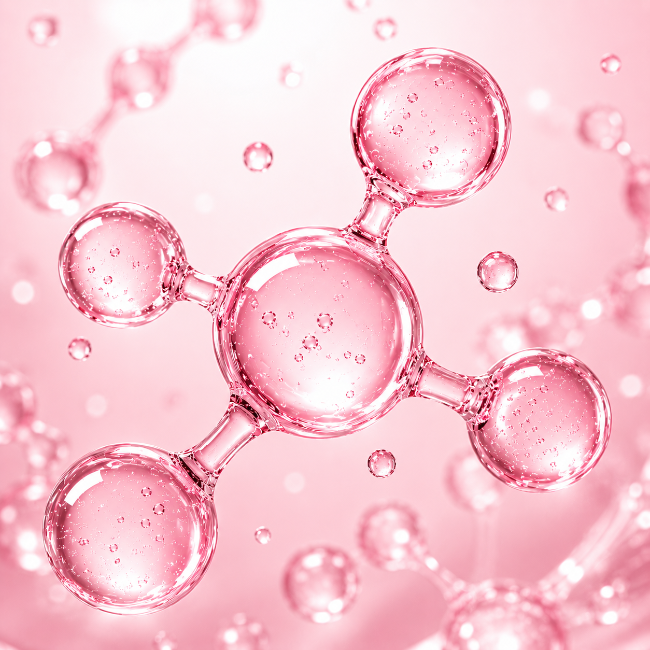 Molecular structure model with pink bubbles on a pink background