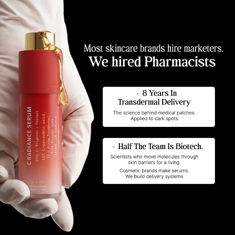 Red skincare serum bottle held by a gloved hand with text about skincare brand expertise.
