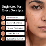 Product advertisement showing a woman's face with dark spots and text about product uses.