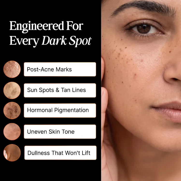 Product advertisement showing a woman's face with dark spots and text about product uses.