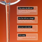 Glass of red wine with text about skincare product benefits on an orange background