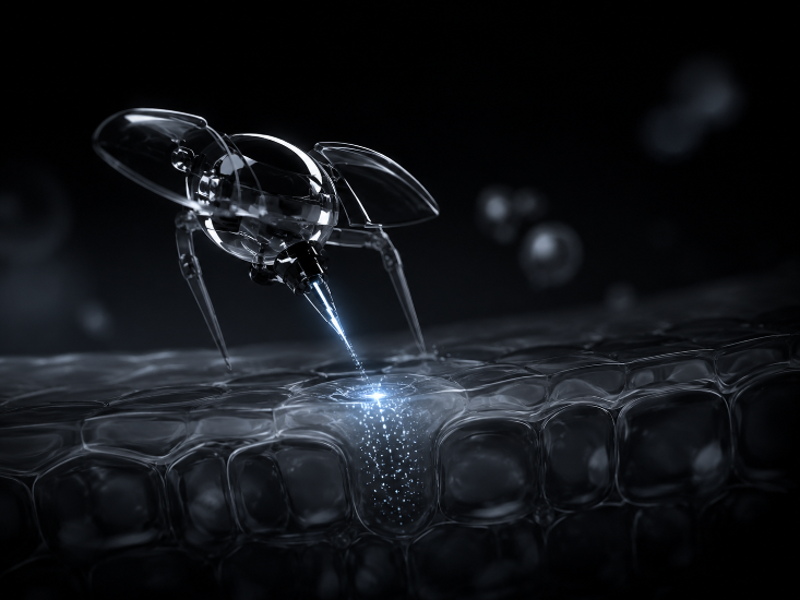 Science fiction spaceship hovering above a textured surface with a dark background